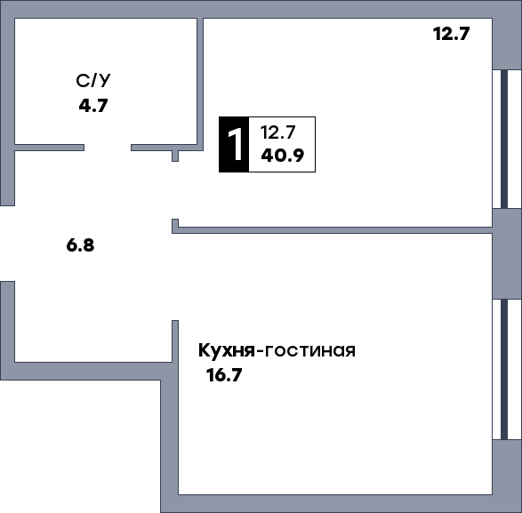 1 комнатная квартира, №593, этаж 2