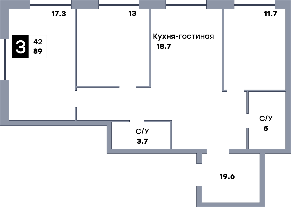 3 комнатная квартира, №600, этаж 2