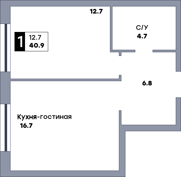 1 комнатная квартира, №708, этаж 13