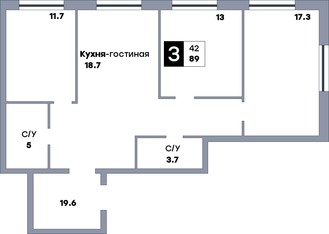 3 комнатная квартира, №761, этаж 19