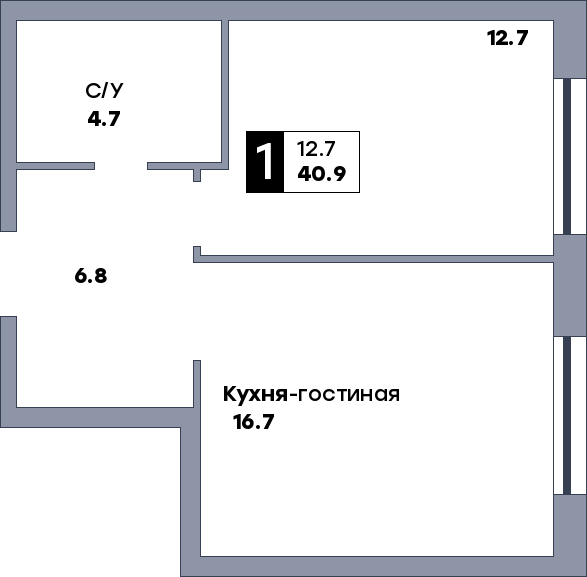1 комнатная квартира, №793, этаж 22