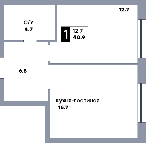 1 комнатная квартира, №575, этаж 19