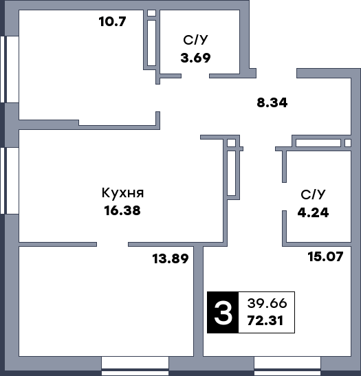 3 комнатная квартира, №2, этаж 2