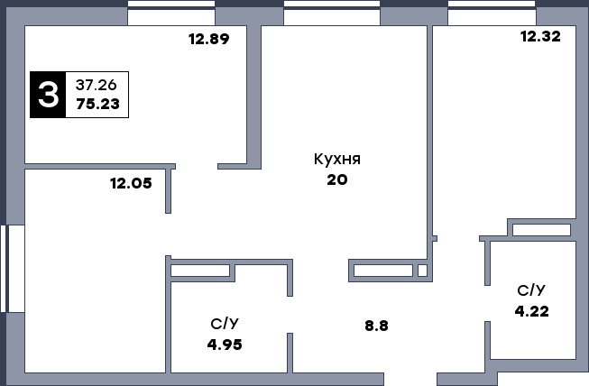 3 комнатная квартира, №66, этаж 9