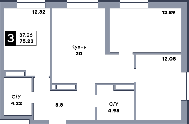 3 комнатная квартира, №151, этаж 2