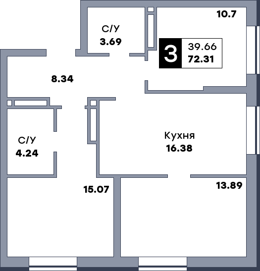 3 комнатная квартира, №161, этаж 3