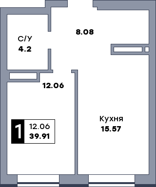 1 комнатная квартира, №293, этаж 2