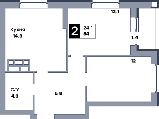 2 комнатная квартира, №2, этаж 2
