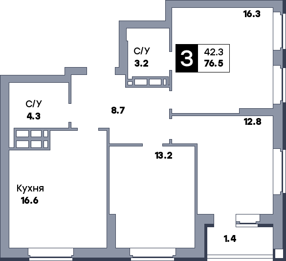 3 комнатная квартира, №3, этаж 2