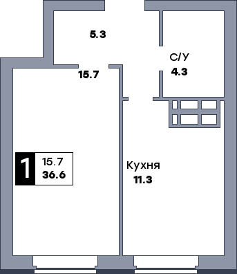 1 комнатная квартира, №6, этаж 2