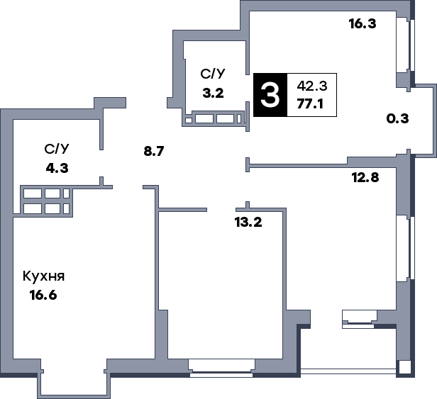 3 комнатная квартира, №13, этаж 3