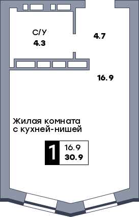 1 комнатная квартира, №15, этаж 3