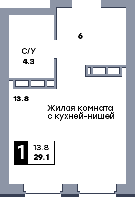 1 комнатная квартира, №27, этаж 4