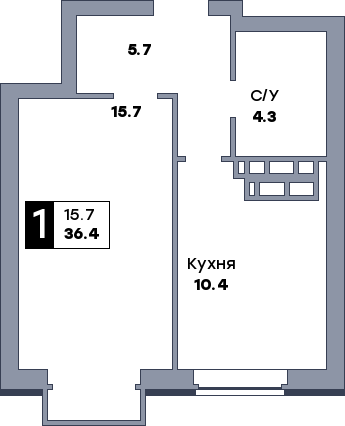 1 комнатная квартира, №34, этаж 5
