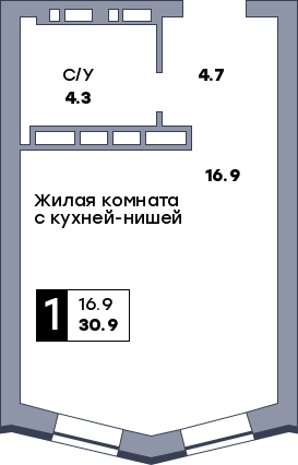 1 комнатная квартира, №45, этаж 6