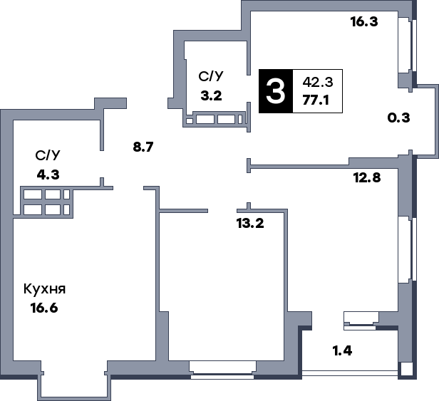 3 комнатная квартира, №53, этаж 7