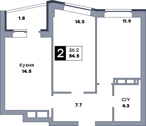 2 комнатная квартира, №61, этаж 8