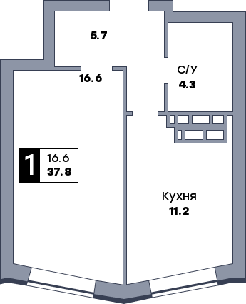 1 комнатная квартира, №64, этаж 8