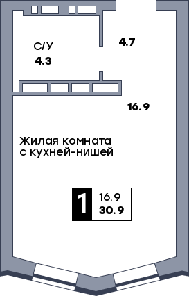 1 комнатная квартира, №75, этаж 9