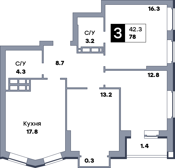 3 комнатная квартира, №83, этаж 10