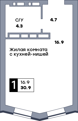 1 комнатная квартира, №105, этаж 12