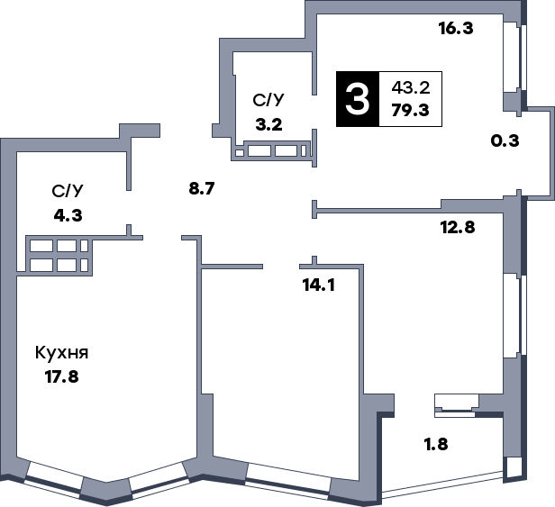 3 комнатная квартира, №113