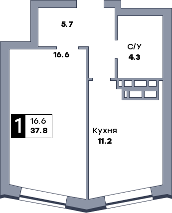 1 комнатная квартира, №114, этаж 13