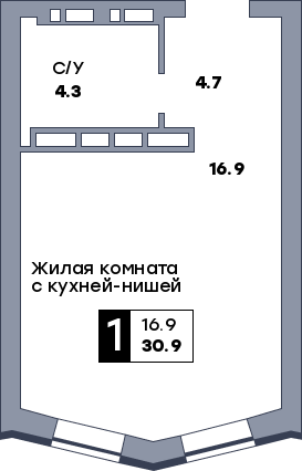 1 комнатная квартира, №115, этаж 13