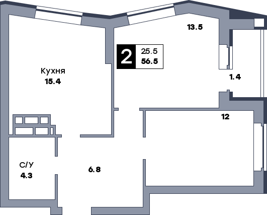 2 комнатная квартира, №122, этаж 14