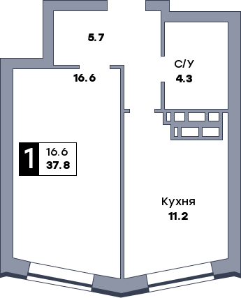 1 комнатная квартира, №124, этаж 14