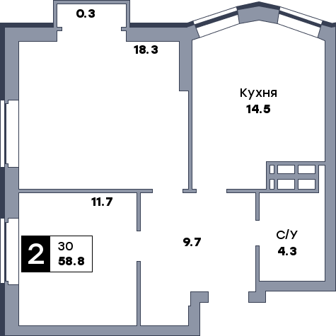 2 комнатная квартира, №129