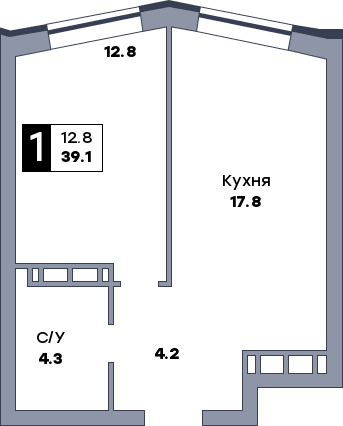 1 комнатная квартира, №130, этаж 14