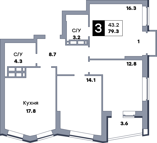 3 комнатная квартира, №133, этаж 15
