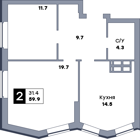 2 комнатная квартира, №148, этаж 16