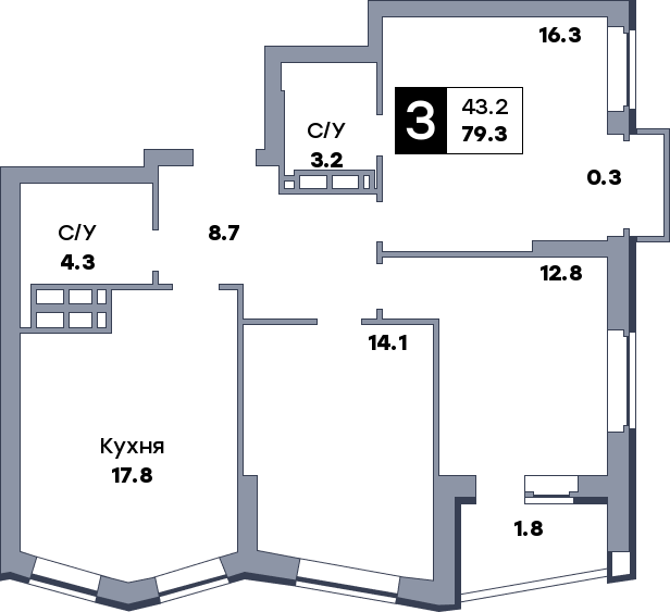 3 комнатная квартира, №153, этаж 17