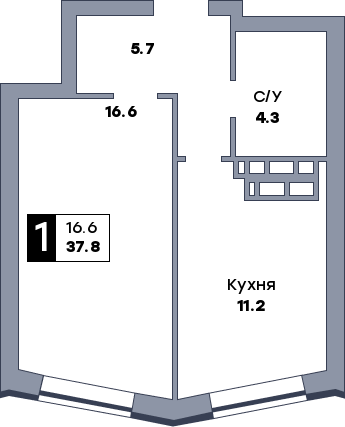 1 комнатная квартира, №154, этаж 17