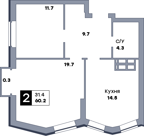 2 комнатная квартира, №158, этаж 17