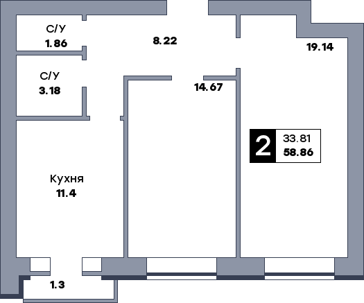 2 комнатная квартира, №30