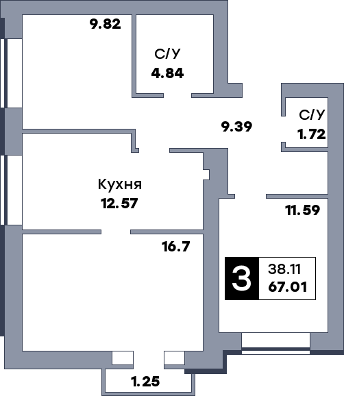3 комнатная квартира, №2, этаж 2