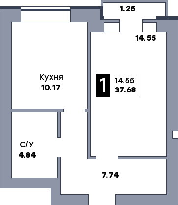1 комнатная квартира, №197, этаж 3