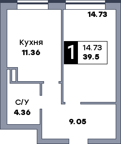1 комнатная квартира, №2