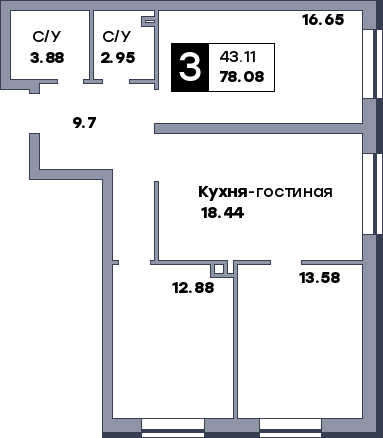 3 комнатная квартира, №9