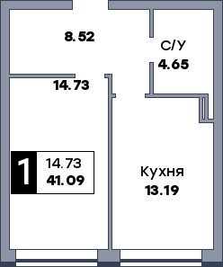 1 комнатная квартира, №14, этаж 2
