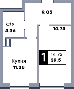 1 комнатная квартира, №15, этаж 2