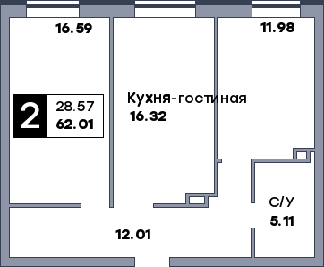 2 комнатная квартира, №21, этаж 3