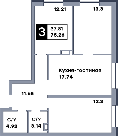 3 комнатная квартира, №72, этаж 6