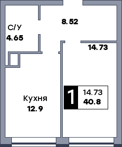 1 комнатная квартира, №75, этаж 6