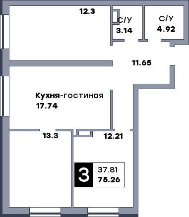 3 комнатная квартира, №96, этаж 7