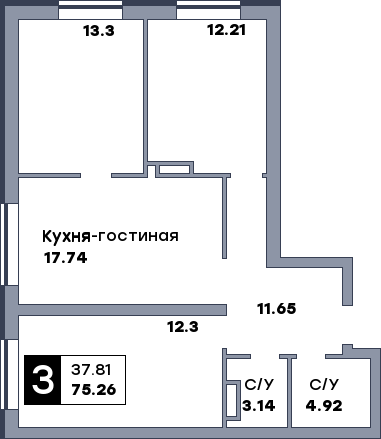 3 комнатная квартира, №193, этаж 14