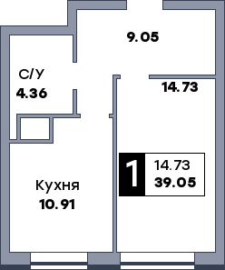 1 комнатная квартира, №207, этаж 14